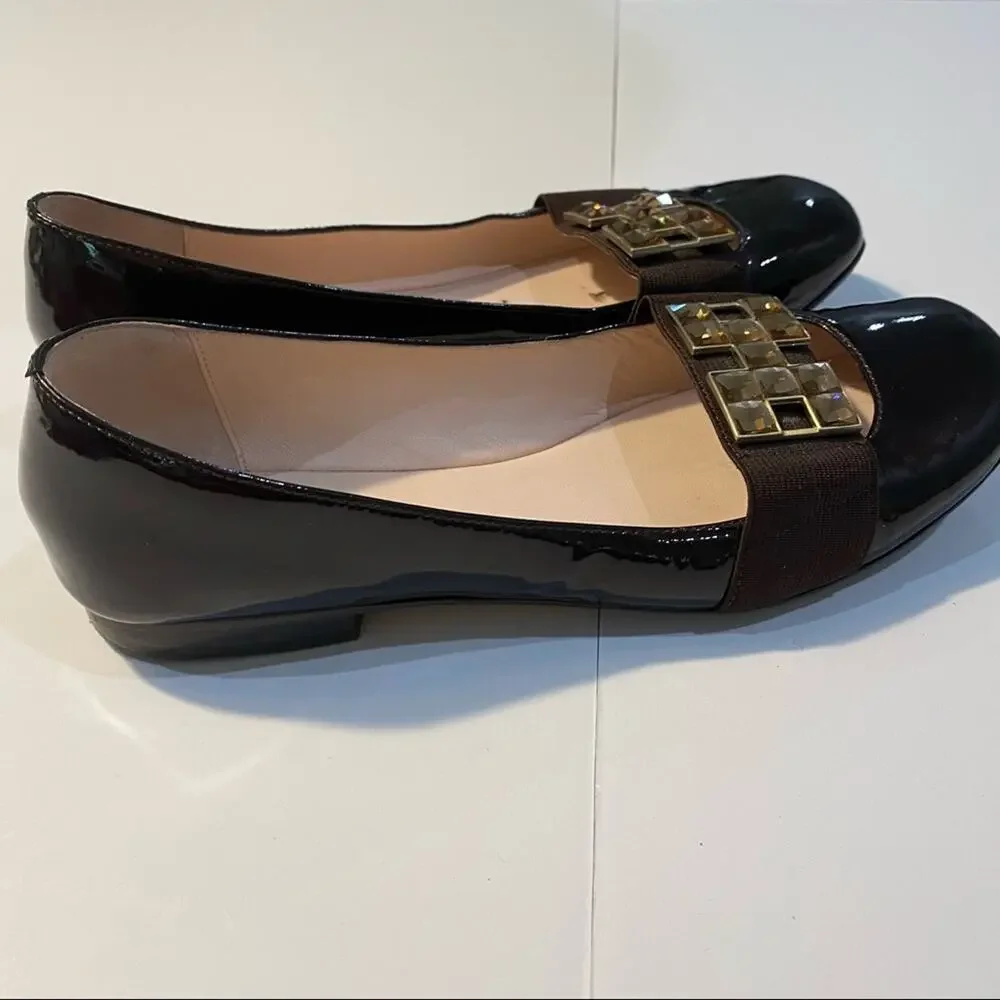 Taryn Rose Womens Low Heel Black Patent Leather Flat bling front Size 6.5